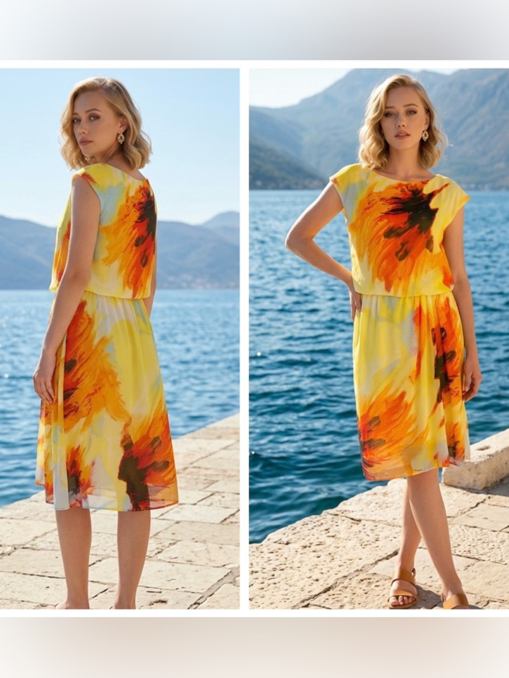 R & K Originals Women Sz 6 Cap sleeve Blouson Yellow  Floral-Print Midi Dress